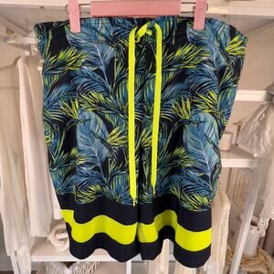 OP Men's size large swim trunks 36/38 blue, chartreuse, floral coastal #2437